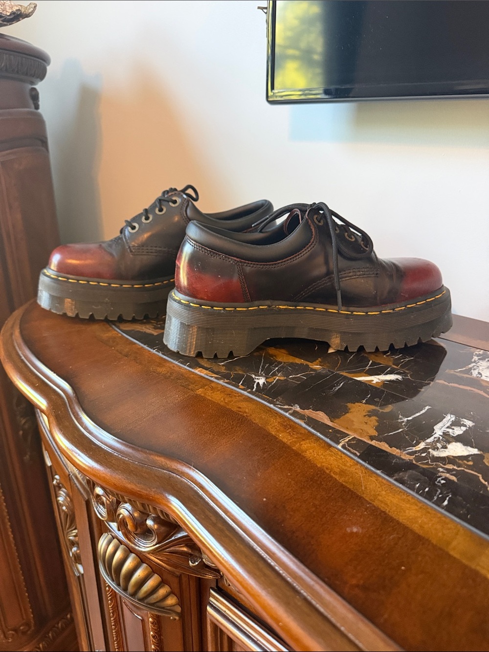 Dr. Martens Black and Burgundy Leather Lug-Sole Oxfords